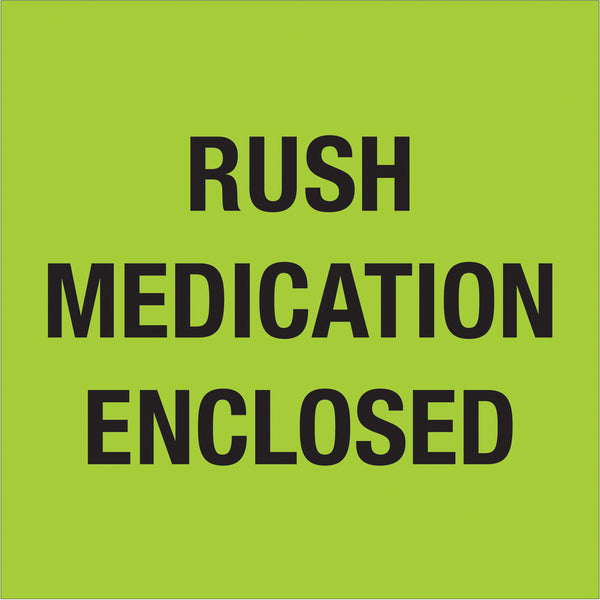 4 x 4" - "Rush - Medication Enclosed" (Fluorescent Green) Labels (DL1338) Roll Of 500