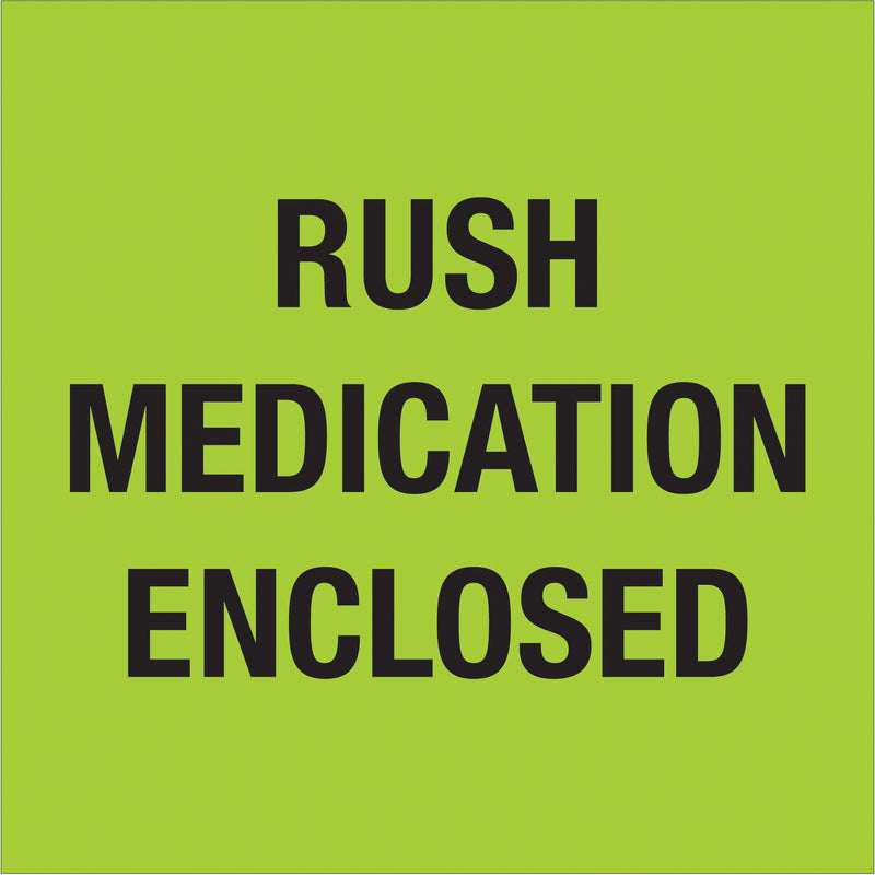 4 x 4" - "Rush - Medication Enclosed" (Fluorescent Green) Labels (DL1338) Roll Of 500