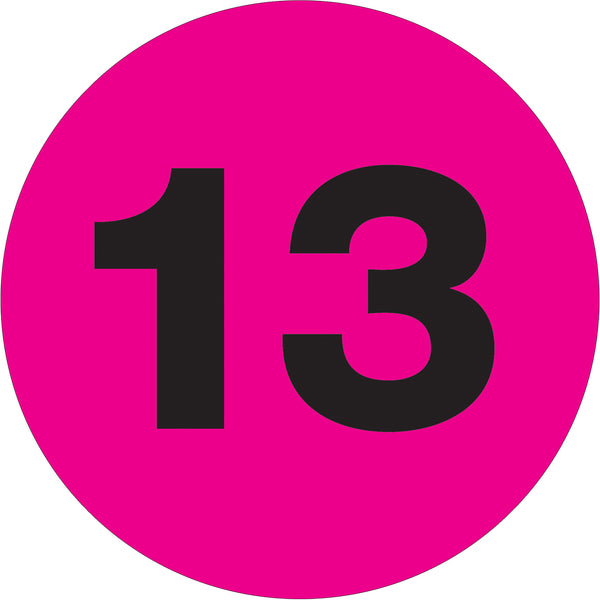 3" Circle - "13" (Fluorescent Pink) Number Labels, Roll Of 500 Roll Of 500