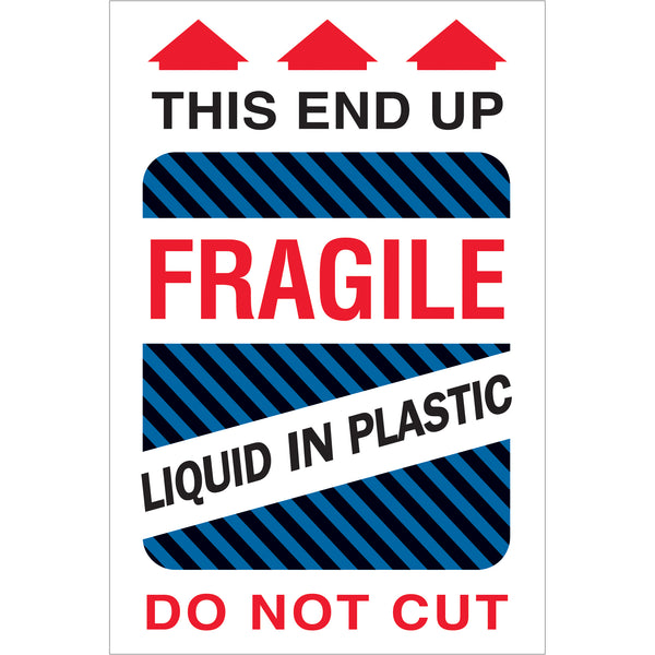 4 x 6" - "Fragile - Liquid in Plastic" Labels, Roll Of 500 Roll Of 500