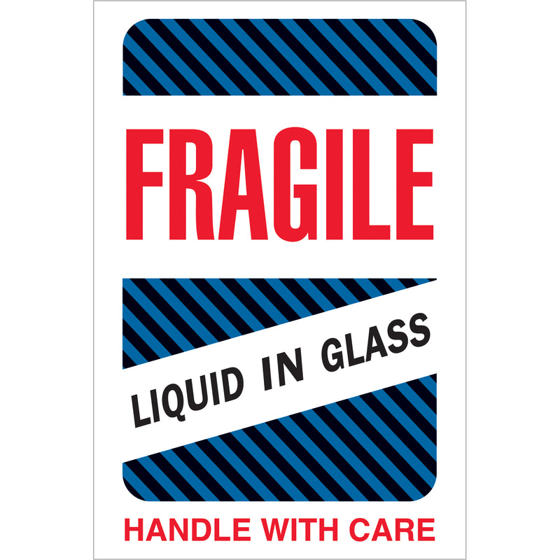 4 x 6" - "Fragile - Liquid in Glass" Labels (DL1590) Roll Of 500