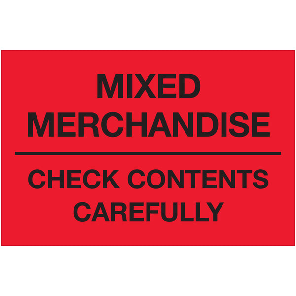 2 x 3" - "Mixed Merchandise - Check Contents Carefully" (Fluorescent Red) Labels (DL1621) Roll Of 500