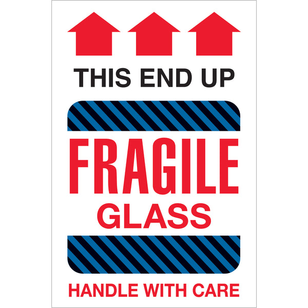 4 x 6" - "Fragile Glass - This End Up" Labels, Roll Of 500 Roll Of 500