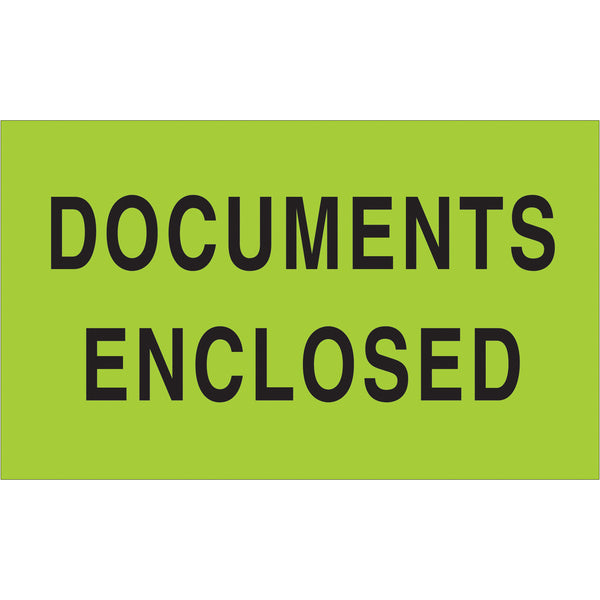 3 x 5" - "Documents Enclosed" (Fluorescent Green) Labels (DL2141) Roll Of 500