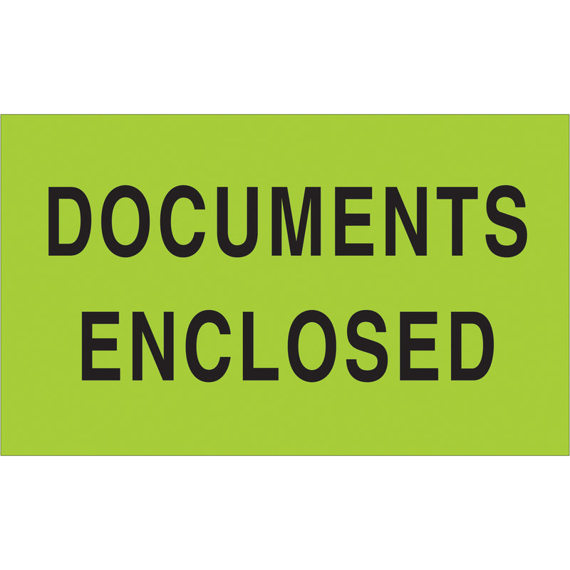 3 x 5" - "Documents Enclosed" (Fluorescent Green) Labels (DL2141) Roll Of 500