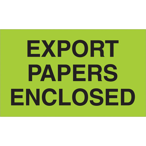 3 x 5" - "Export Papers Enclosed" (Fluorescent Green) Labels, Roll Of 500 Roll Of 500