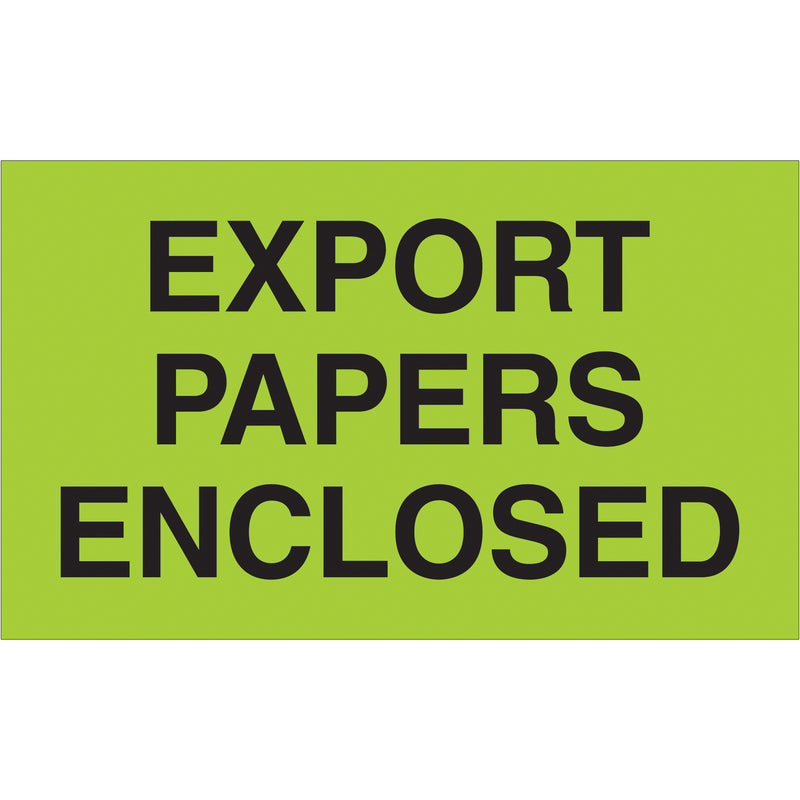 3 x 5" - "Export Papers Enclosed" (Fluorescent Green) Labels (DL2401) Roll Of 500
