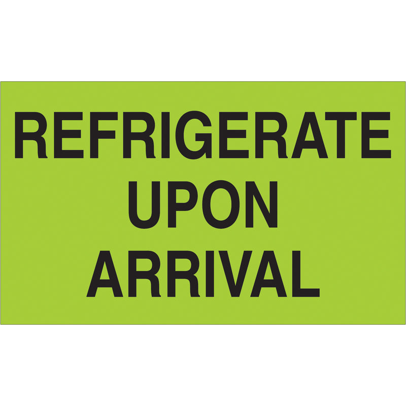 3 x 5" - "Refrigerate Upon Arrival" (Fluorescent Green) Labels (DL2601) Roll Of 500