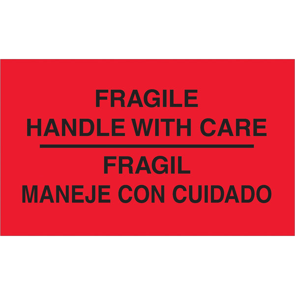 3 x 5" - "Fragil - Maneje Con Cuidado" (Fluorescent Red) Bilingual Labels (DL3011) Roll Of 500
