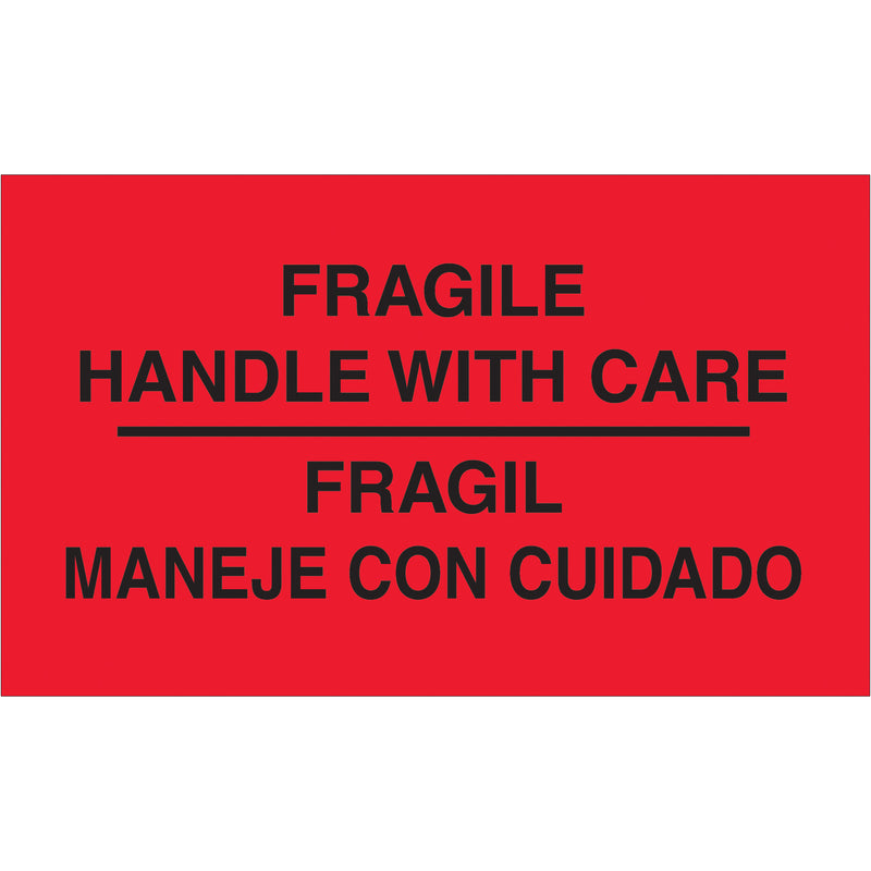 3 x 5" - "Fragil - Maneje Con Cuidado" (Fluorescent Red) Bilingual Labels (DL3011) Roll Of 500