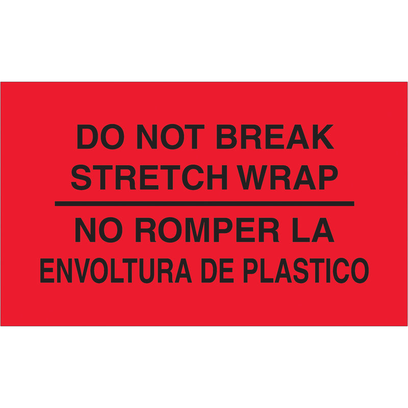 3 x 5" - "No Romper La Envoltura De Plastico" (Fluorescent Red) Bilingual Labels (DL3031) Roll Of 500