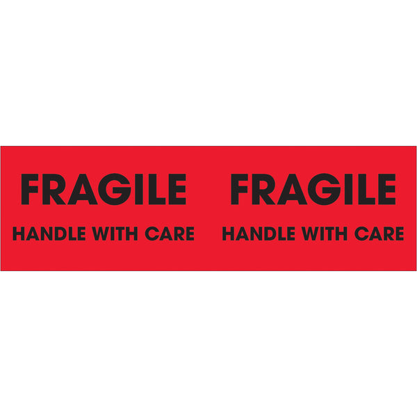 3 x 10" - "Fragile - Handle With Care" (Fluorescent Red) Labels, Roll Of 500 Roll Of 500