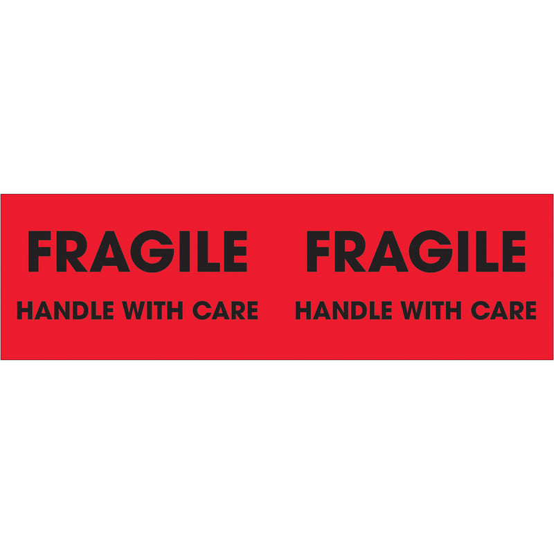 3 x 10" - "Fragile - Handle With Care" (Fluorescent Red) Labels, Roll Of 500 Roll Of 500