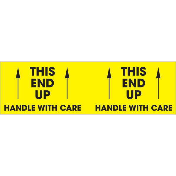 3 x 10" - "This End Up - Handle With Care" (Fluorescent Yellow) Labels, Roll Of 500 Roll Of 500