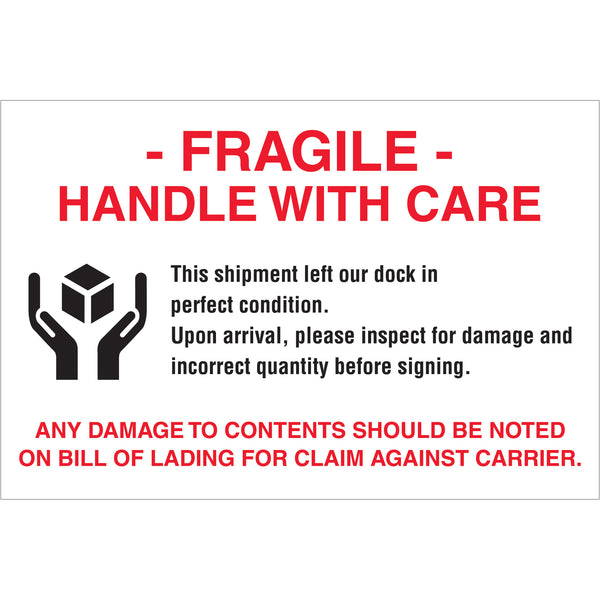 TAPE LOGIC® Labels, "Fragile - Handle With Care", 4" x 6", Red/White/Black, 500/Roll (DL3191) Roll Of 500