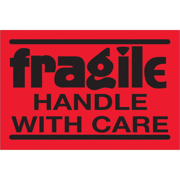 TAPE LOGIC® Labels, "Fragile Handle With Care", 2" x 3", Fluorescent Red, 500/Roll (DL3601) Roll Of 500