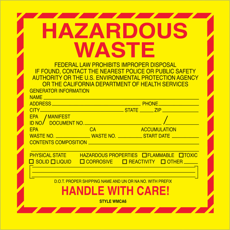 6 x 6" - "Hazardous Waste - California" Labels, Roll Of 500 Roll Of 500