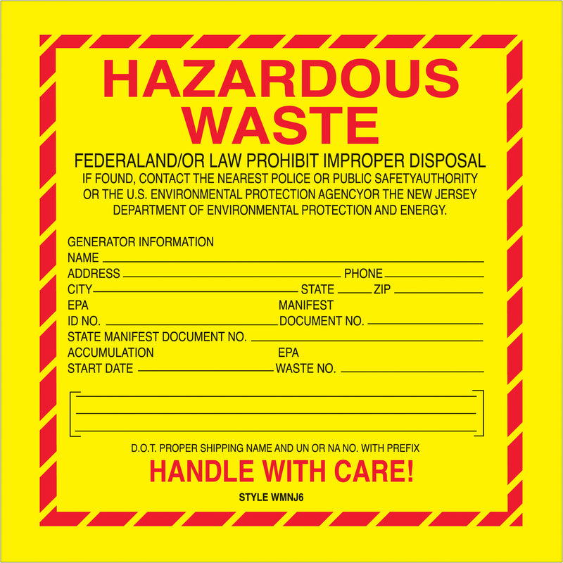 6 x 6" - "Hazardous Waste - New Jersey" Labels, Roll Of 500 Roll Of 500