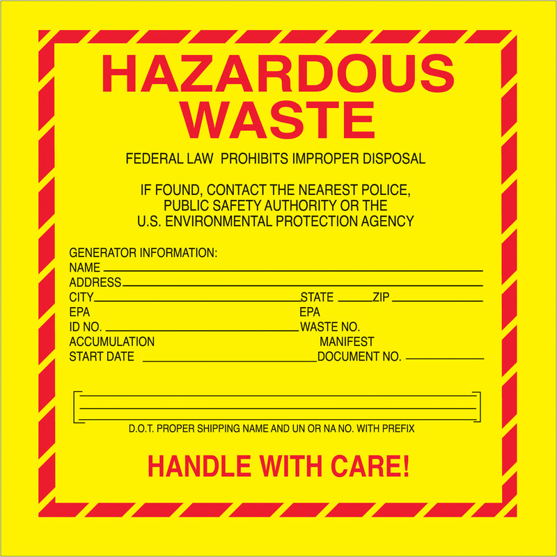 6 x 6" - "Hazardous Waste - Standard" Labels, Roll Of 500 Roll Of 500