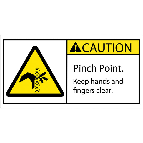 2 x 4" - Caution Pinch Point Rollers Durable Safety Label, Roll Of 25 Roll Of 25