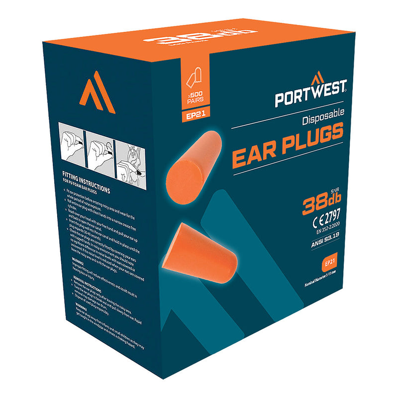 Portwest® Ear Plug Dispenser Refill Pack (500 pairs), Orange, Size  (EP21ORR) BOX