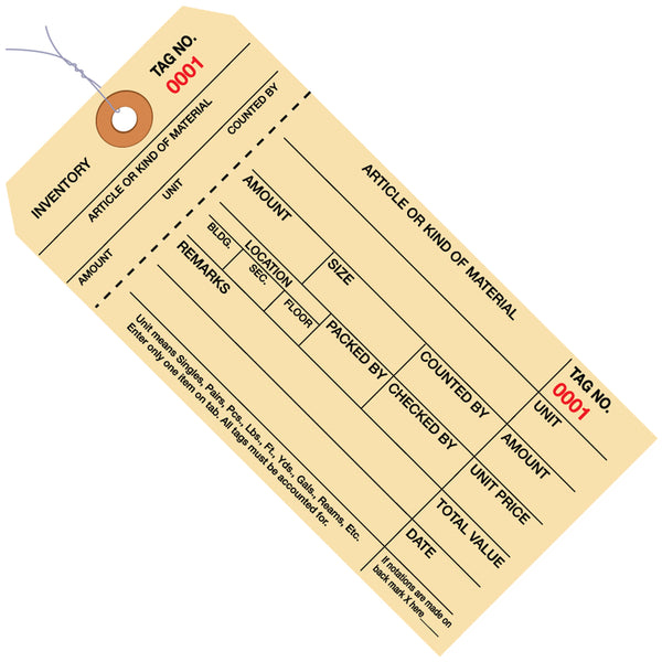 6 1/4 x 3 1/8" - (0000-0999) Inventory Tags 1 Part Stub Style #8 - Pre-Wired, Case Of 1000 Case Of 1000