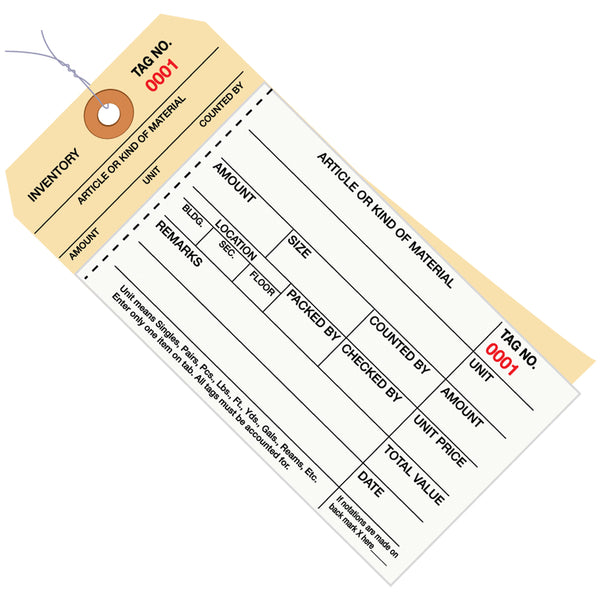 6 1/4 x 3 1/8" - (0000-0499) Inventory Tags  2 Part Carbonless Stub Style #8 - Pre-Wired, Case Of 500 Case Of 500