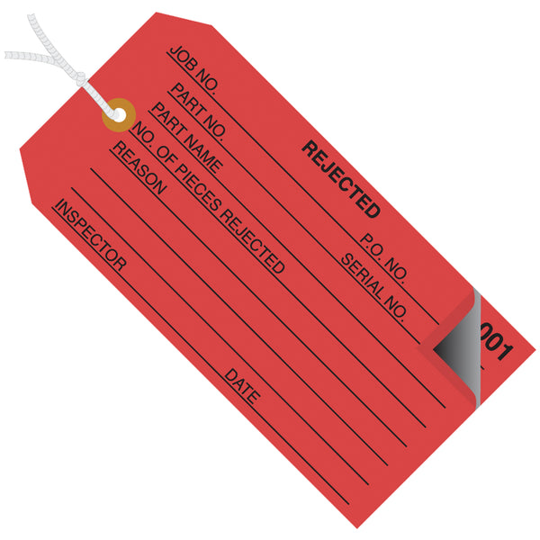 4 3/4 x 2 3/8" - "Rejected" Inspection Tags 2 Part - Numbered 000 - 499 - Pre-Strung, Case Of 500 Case Of 500