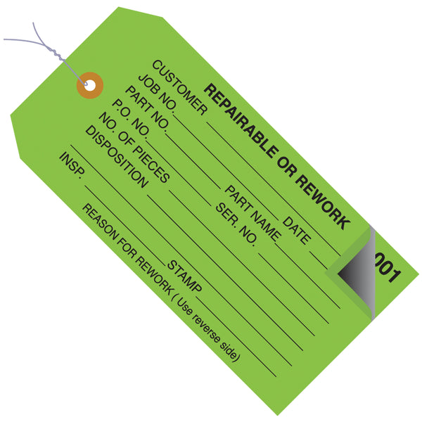 4 3/4 x 2 3/8" - "Repairable or Rework" Inspection Tags 2 Part - Numbered 000 - 499 - Pre-Wired, Case Of 500 Case Of 500