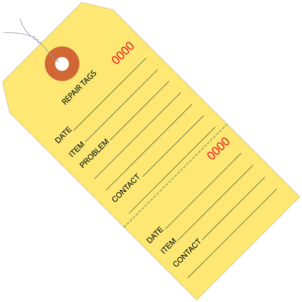 4 3/4 x 2 3/8" Yellow Repair Tags Consecutively Numbered - Pre-Wired, Case Of 1000 Case Of 1000