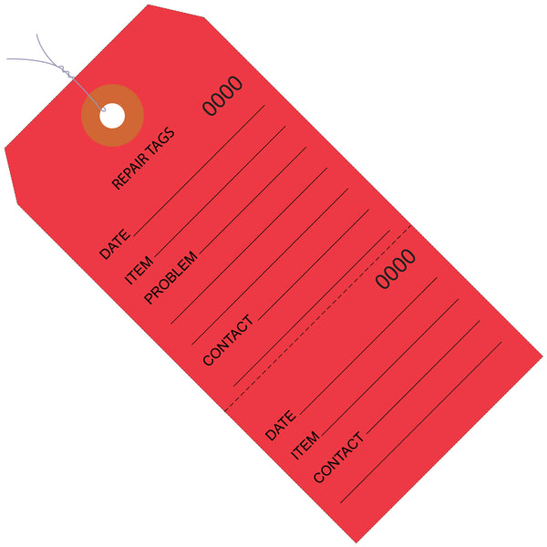 4 3/4 x 2 3/8" Red Repair Tags Consecutively Numbered - Pre-Wired, Case Of 1000 Case Of 1000