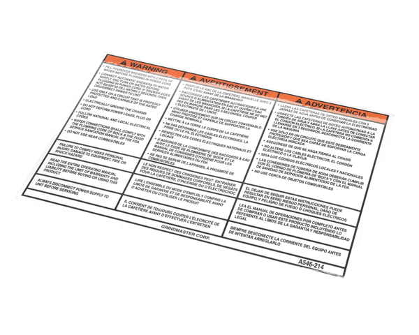 GRINDMASTER CECILWARE A546-214 LABEL, WARNING, STARTUP INSTR (GMA546-214) Each