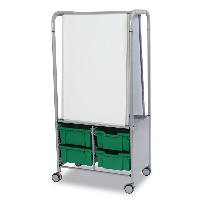 Gratnells Callero MakerHub Trolley Set 01, Metal, (2) Magnetic Whiteboards, (4) F2 Deep Bins, 27.4" x 17.3" x 56.3", Silver/Grass Green (GTSMST054410) Each