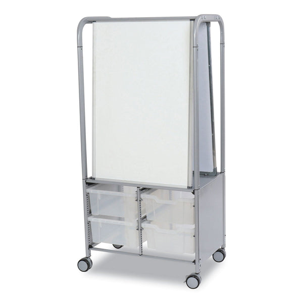 Gratnells Callero MakerHub Trolley Set 01, Metal, (2) Magnetic Whiteboards, (4) F2 Deep Bins, 27.4" x 17.3" x 56.3", Silver/Trans Frost (GTSMST054420) Each
