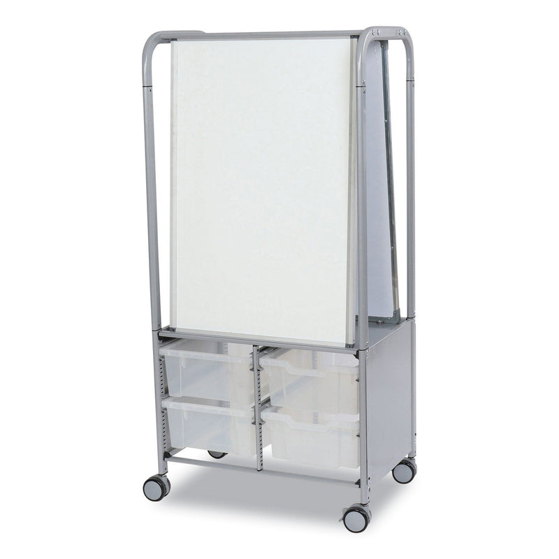 Gratnells Callero MakerHub Trolley Set 01, Metal, (2) Magnetic Whiteboards, (4) F2 Deep Bins, 27.4" x 17.3" x 56.3", Silver/Trans Frost (GTSMST054420) Each