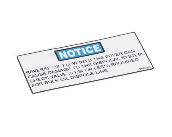 Henny Penny 96958 Label - Notice Check Valve (HEN96958) Each