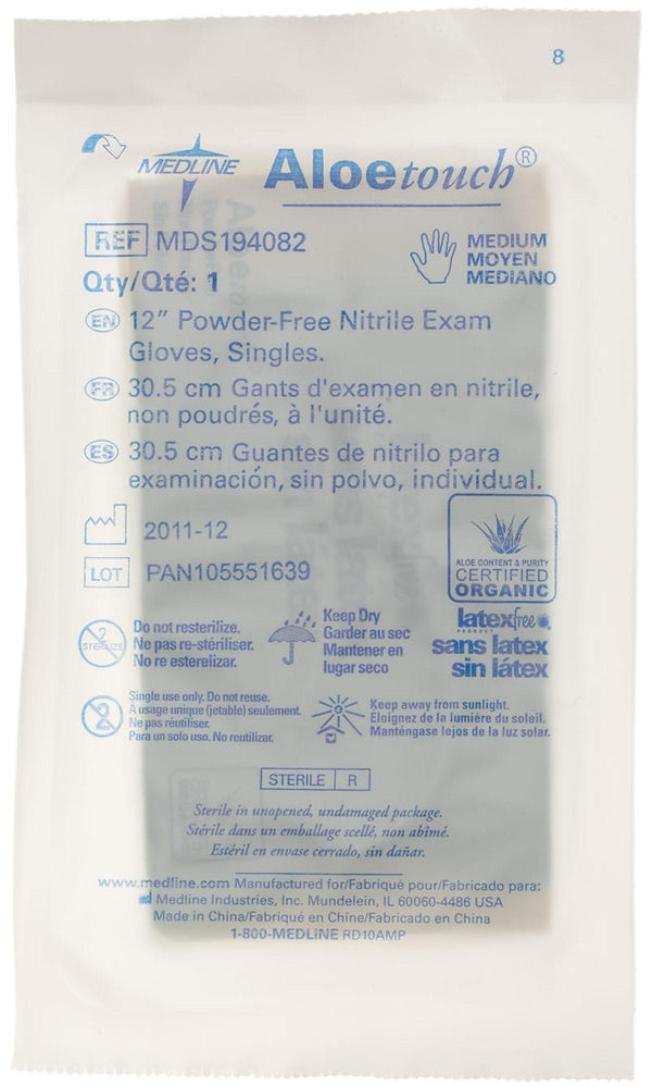 AloeTouch 12" Powder-Free Nitrile Exam Gloves, Sterile Singles, Size M, 100/BX (MDS194082Z) Box of 100