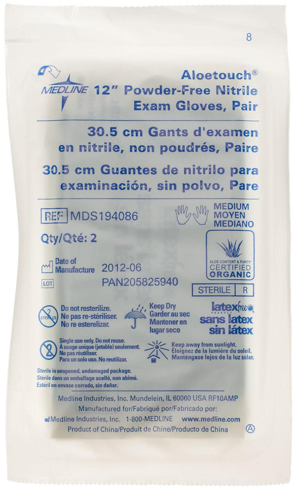 AloeTouch 12" Powder-Free Nitrile Exam Gloves, Sterile Pairs, Size M, 50/BX (MDS194086Z) Box of 50