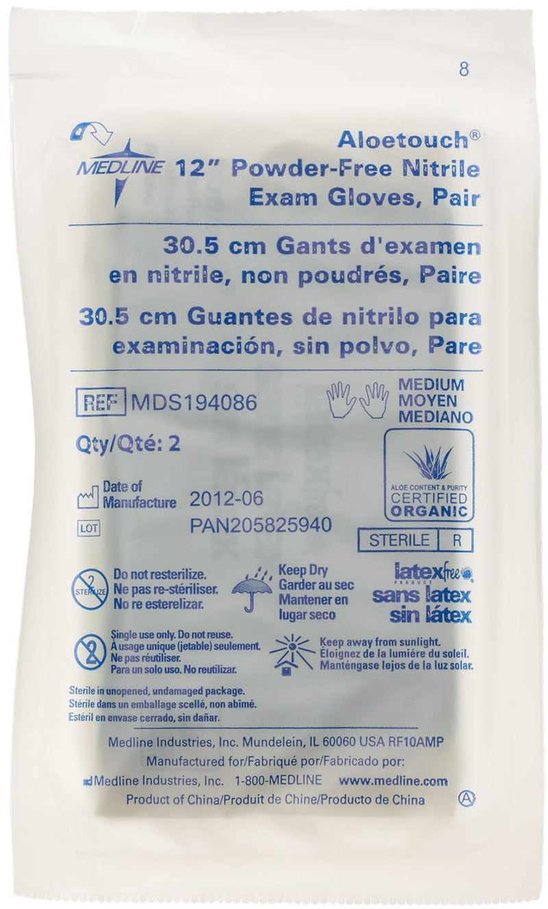 AloeTouch 12" Powder-Free Nitrile Exam Gloves, Sterile Pairs, Size M, 50/BX (MDS194086Z) Box of 50