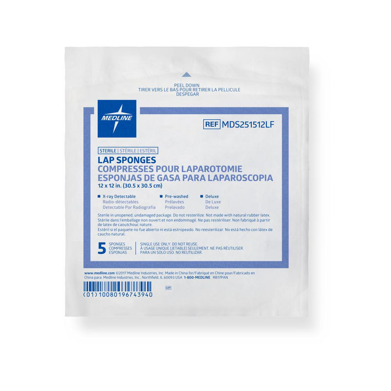 X-Ray Detectable Sterile Lap Sponge, 12" x 12", 5/Pack, 40 Packs/Case, 200/CS (MDS251512LF) Case of 200