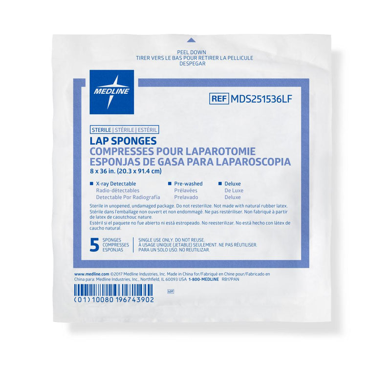 X-Ray Detectable Sterile Lap Sponge, 8" x 36", 5/Pack, 40 Packs/Case, 200/CS (MDS251536LF) Case of 200