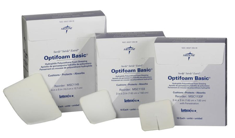 Optifoam Basic Hydrophilic Polyurethane Foam Dressing, with Fenestration, 3" x 3", 10/BX  (MSC1133FZ) Box of 10