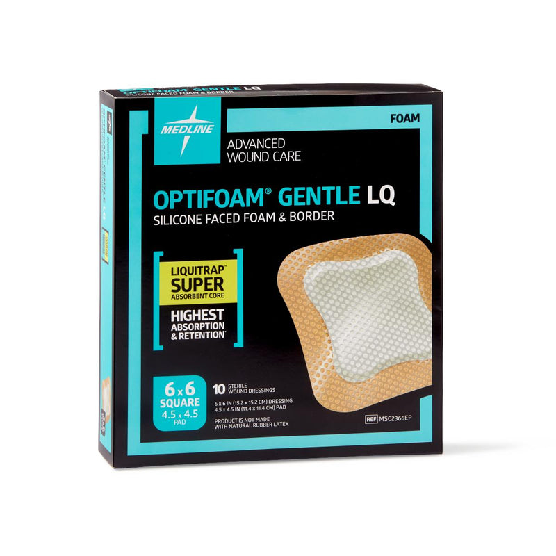 Optifoam Gentle Silicone-Faced Foam Dressing with Liquitrap Super Absorbent Core, 6" x 6", in Educational Packaging, 10/BX  (MSC2366EPZ) Box of 10