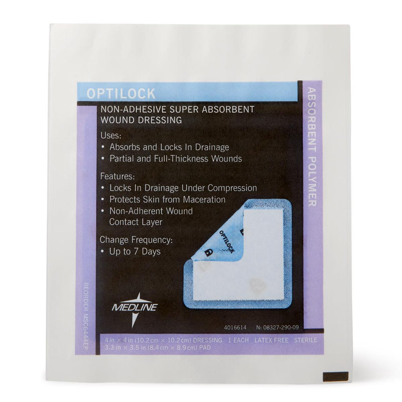 OptiLock Nonadhesive Super Absorbent Wound Dressings, 4" x 4", in Educational Packaging, 1/EA  (MSC6444EPH) Each