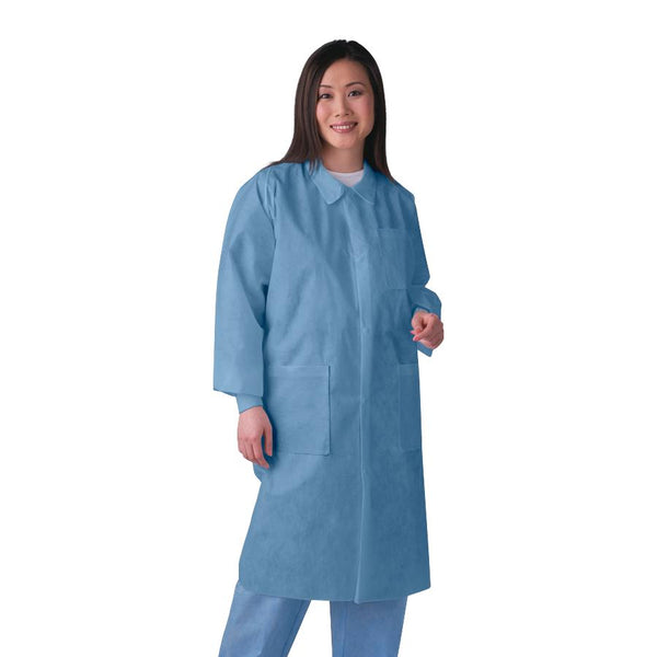 Disposable Knit-Cuff Multilayer SMS Lab Coat with Traditional Collar, Blue, Size S, 10/BG  (NONSW400SZ) Bag of 10