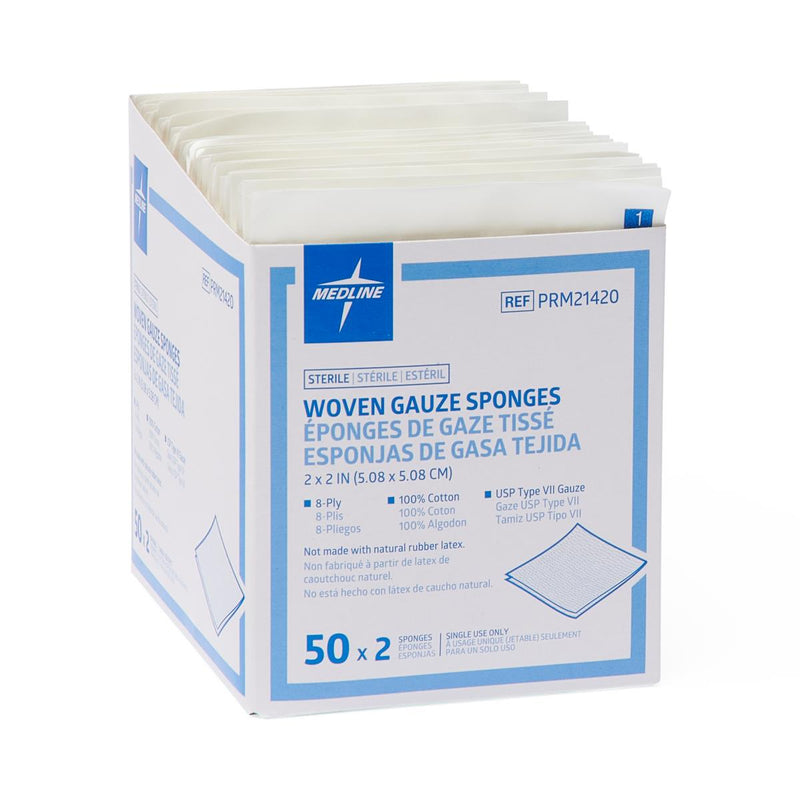 Woven Sterile 8-Ply Gauze Sponges, USP Type VII, 2" x 2" in 2-Packs, 100/BX (05166CS) Box of 100