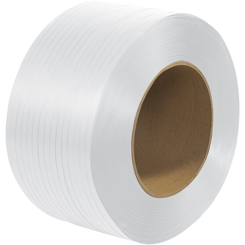 Polypropylene Strapping, Machine Grade, Embossed, 9" x 8" Core, 3/8" x 12900', White, 1/Coil Coil   Of 1