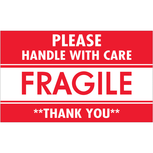 TAPE LOGIC® Labels, "Fragile - Handle with Care", 3" x 5", Red/White, 500/Roll Roll Of 500