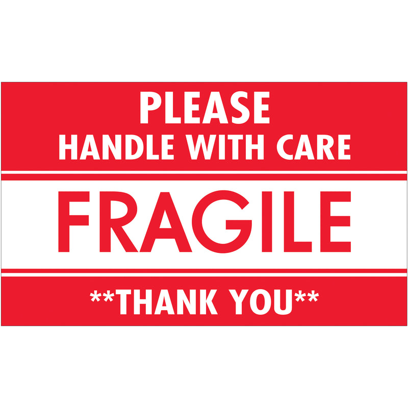 TAPE LOGIC® Labels, "Fragile - Handle with Care", 3" x 5", Red/White, 500/Roll Roll Of 500