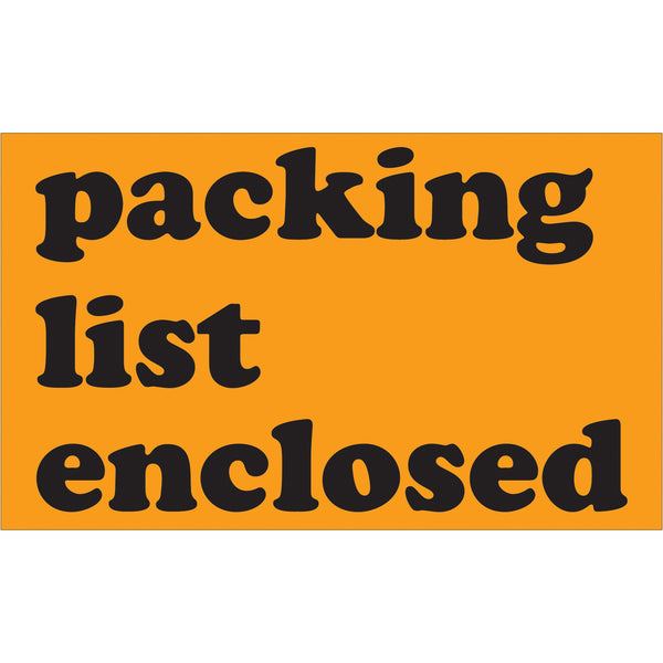 3 x 5" - "Packing List Enclosed" (Fluorescent Orange) Labels, Roll Of 500 Roll Of 500